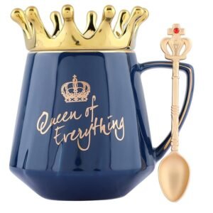 NYRWANA Coffee Mug, Birthday Gift for Girlfriend, Gift for Women, Mugs for Gift, Cups and Mugs, Valentine Gift for Girlfriend, Queen of Everything Mug with Golden Crown & Spoon (350ml - Blue)
