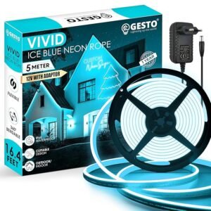 Gesto 16.4Feet Long with 12V Adaptor LED Neon Strip Rope Lights,Flat Silicone Neon Rope Light Flexible Cuttable String, IP65 Waterproof Neon LED Strips for Indoor Outdoor Decoration(Ice Blue)